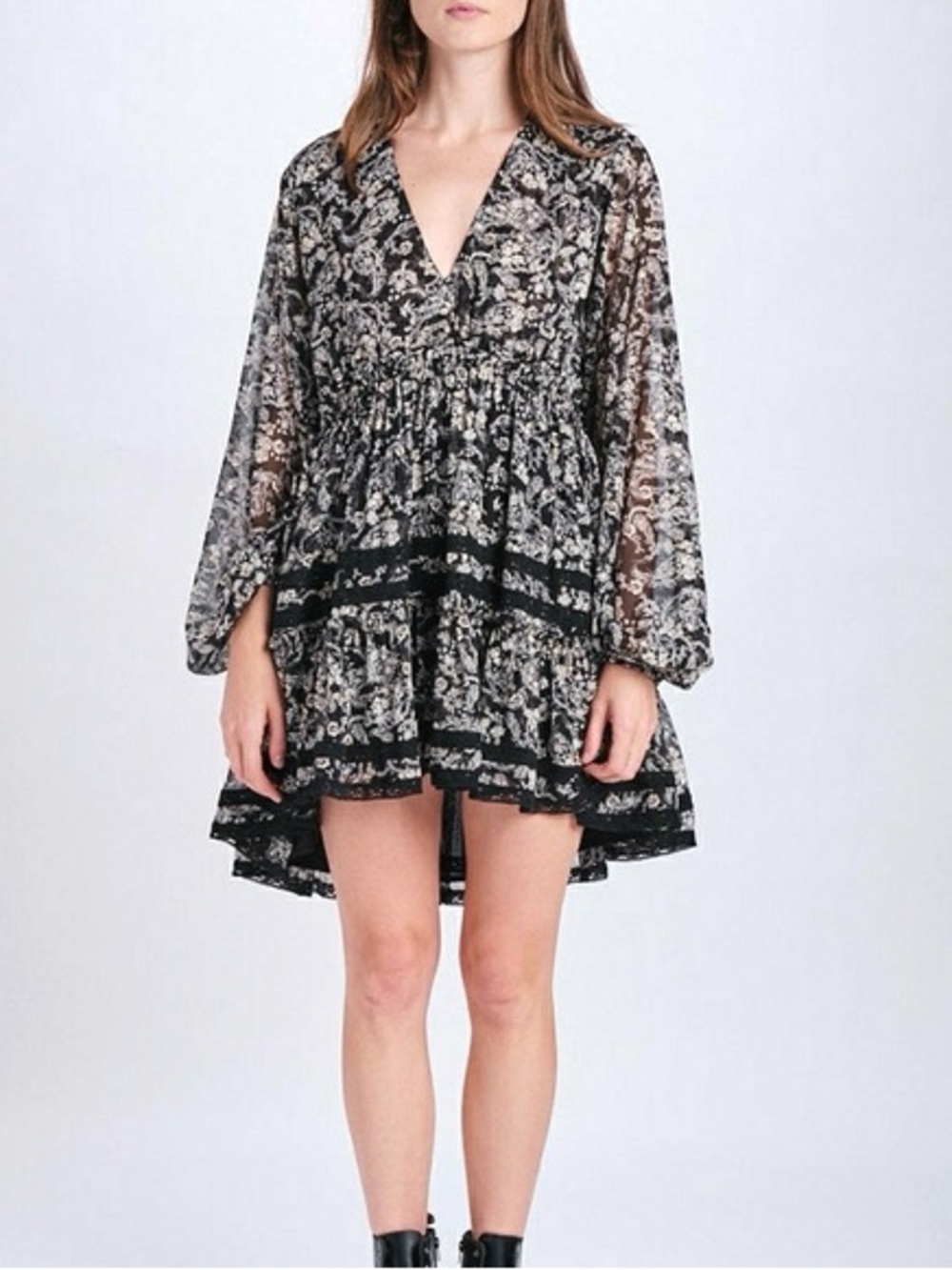 En Saison Sz S Bohemian Floral Paisley Black Lace Metallic Accent Mini Dress